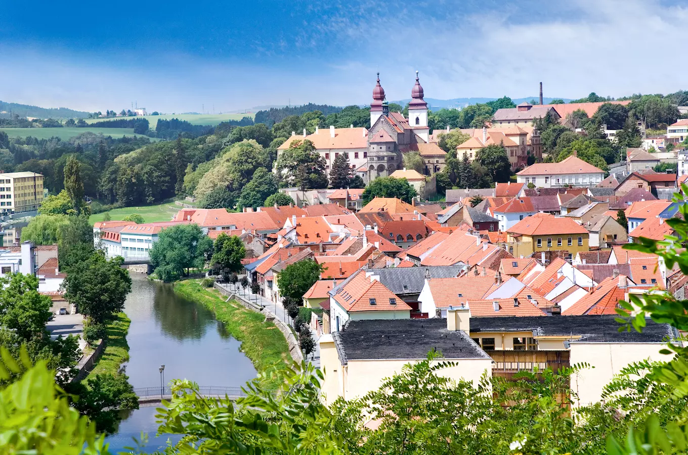 Třebíč town view with river and church