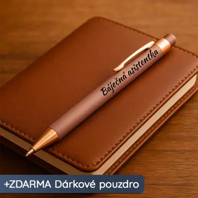 Zlatý pera s nápisem na hnědém sešitu jako dárek pro učitelku.