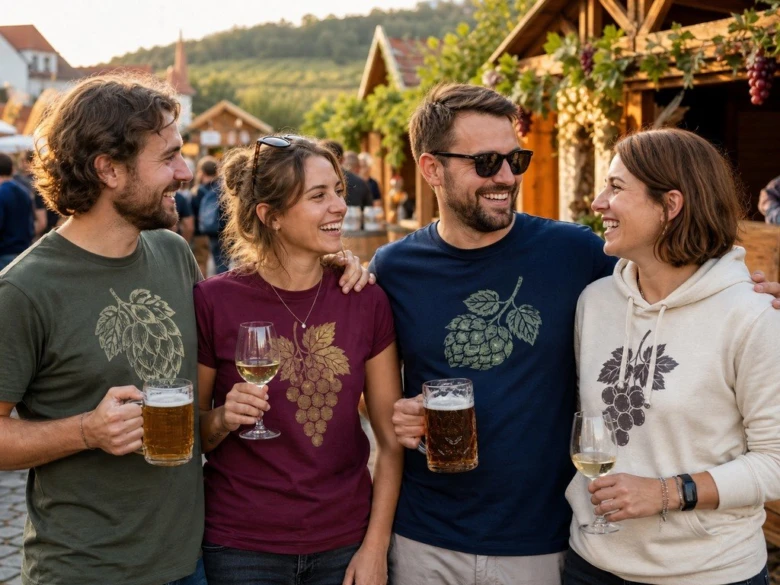 Přátelé pijí víno a pivo venku na vinařské akci.